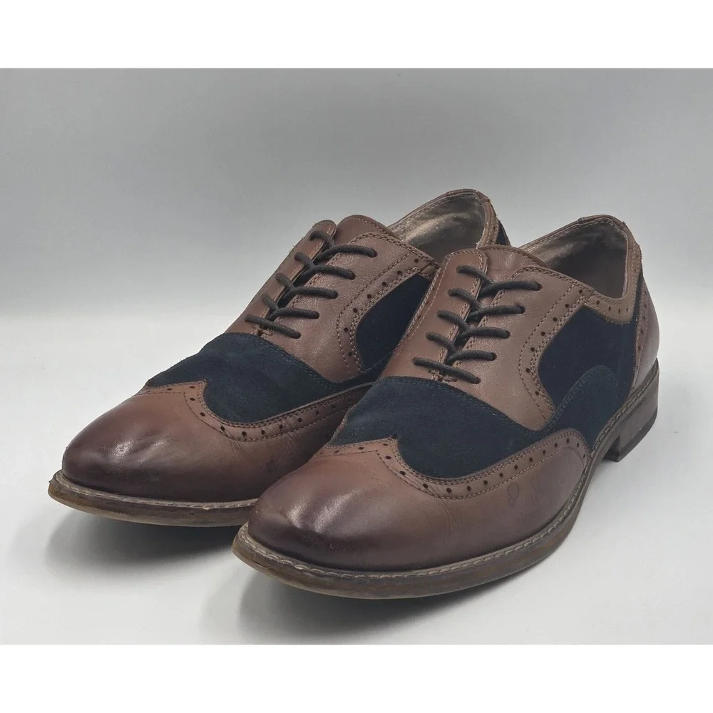 Stacy Adams Wingtip Oxford Shoes Mens 10.5M Navy Tan Leather Suede Brogue